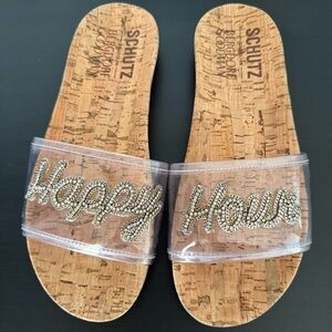 Schutz Slide Sandals Cork Sole and Vinyl Decorated with Rhinestones Happy Hours